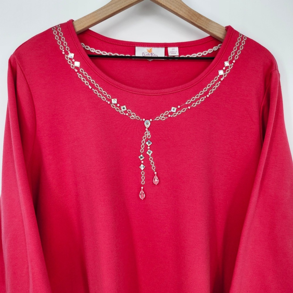 Quacker Factory Womens Bright Pink Rhinestone Beaded Top 2X Glam Festive Sparkle - Picture 9 of 10